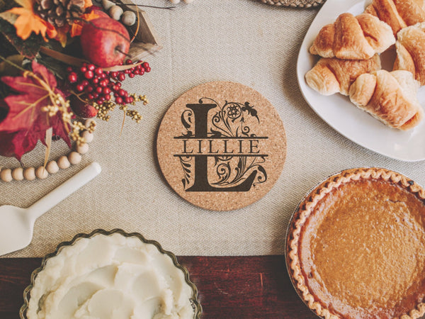 Personalized Trivet Hot Pad - Round Monogram Kitchen Cork Trivet- Custom Name Gift Wood Hot Pad - Laser Engraved