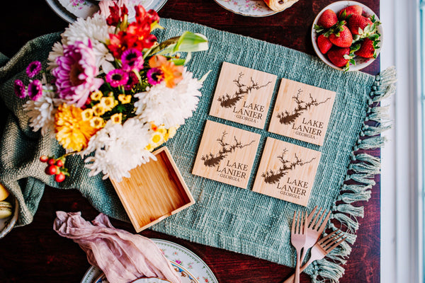 Lake Lanier Coasters  - Lake Lanier Decor - Bamboo Coasters Gift Set with Holder