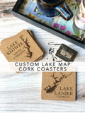 Custom Lake Coasters - Personalized Lake Cork Drink Coasters - Lake Lover Gift - Lake Decor - Custom Lake or River Coasters