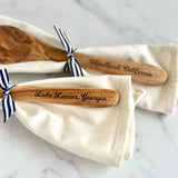 Custom Engraved Lake Name Olive Wood Serving Spoon & Towel Set - Personalized Housewarming Gift