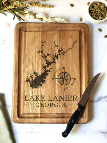Lake Lanier Cutting Board - Lake Sidney Lanier Georgia Hardwood Cutting Board - Rubber Wood - Acacia Wood