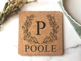 Personalized Family Name Trivet Hot Pad - Monogram Kitchen Cork Trivet - Custom Name Gift Wood Hot Pad - Laser Engraved
