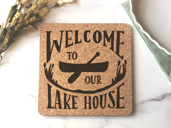 Welcome to the Lake House Trivet Hot Pad - Lake Life - Lake Decor Kitchen Cork Trivet - Wood Hot Pad - Laser Engraved Georgia Souvenir