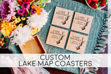 Custom Lake Map Coasters  - Personalized Lake Coasters - Custom Lake House Decor - Bamboo Coasters Gift Set with Holder